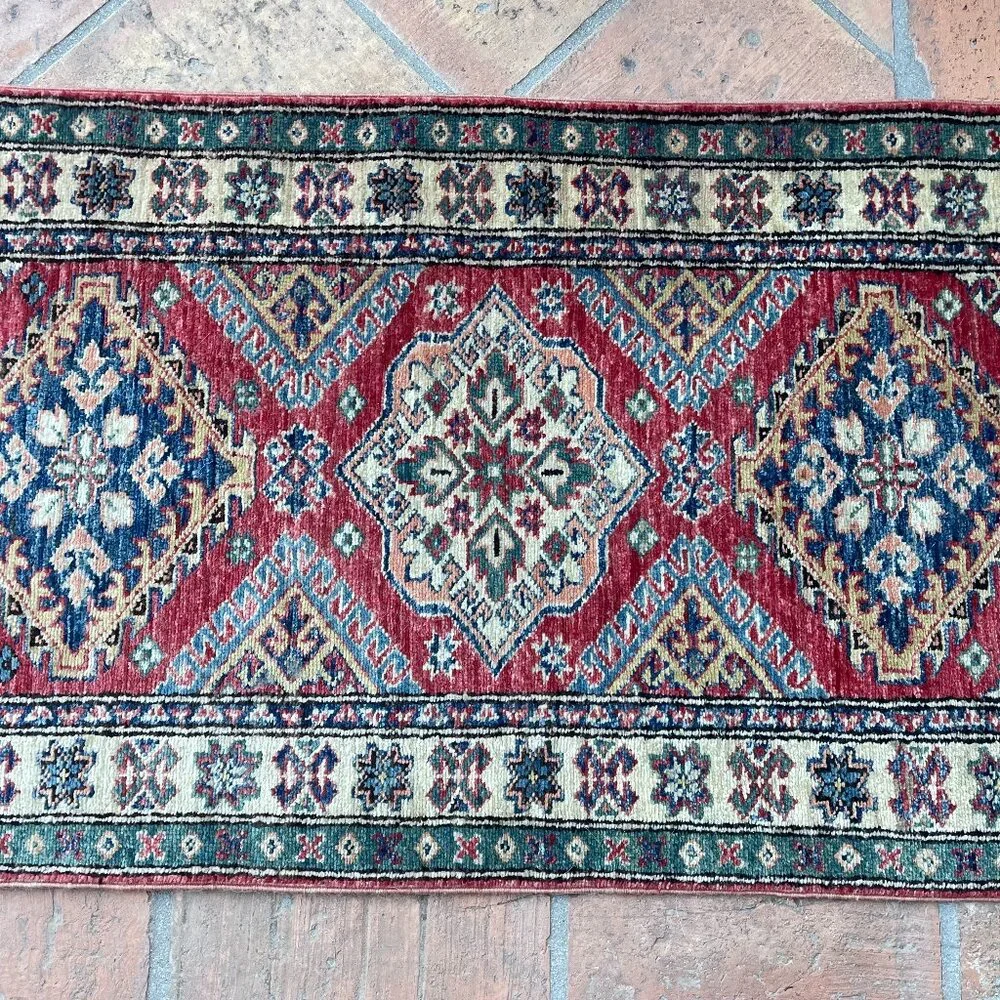 Vintage Pakistan Hand-Knotted Red Tribal Geometric Wool Runner Rug - 7'L x 2.5'